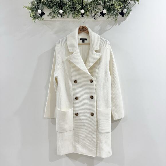 Ann Taylor Sweaters - Ann Taylor Cream Ribbed Double Breasted Pea Sweater Coat Large KD